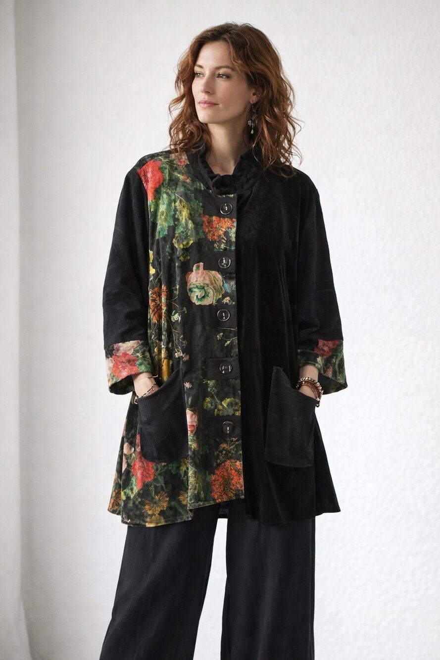 Calam Womens 1X Artwear Patchwork Velvet Jacket Floral Boho Whimsigoth Relax